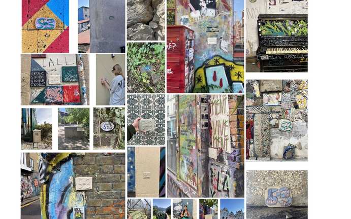 A grid of 5=3 plaques photographed on walls and streets across more than twenty countries.